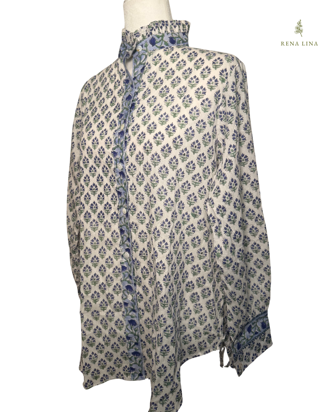 Blue & Green Small Floral Block Print Ruffle Collared  Button Down Blouse - Women's
