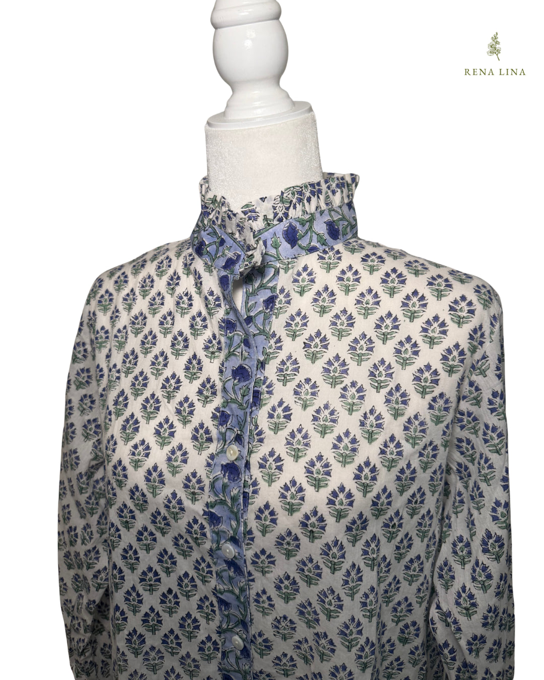Blue & Green Small Floral Block Print Ruffle Collared  Button Down Blouse - Women's
