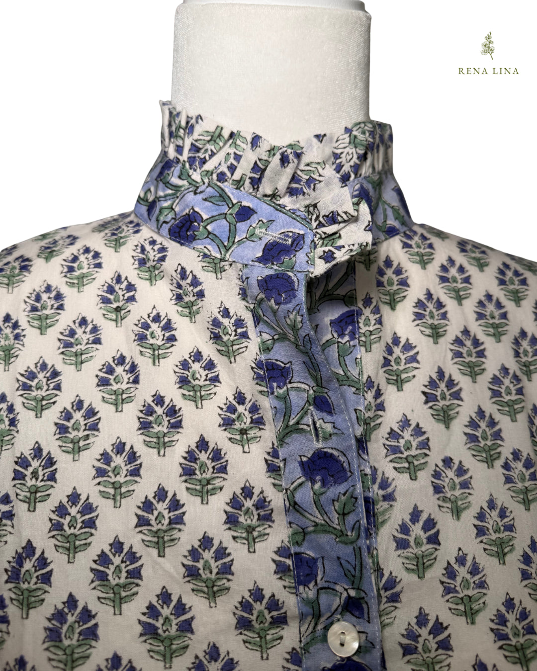 Blue & Green Small Floral Block Print Ruffle Collared  Button Down Blouse - Women's