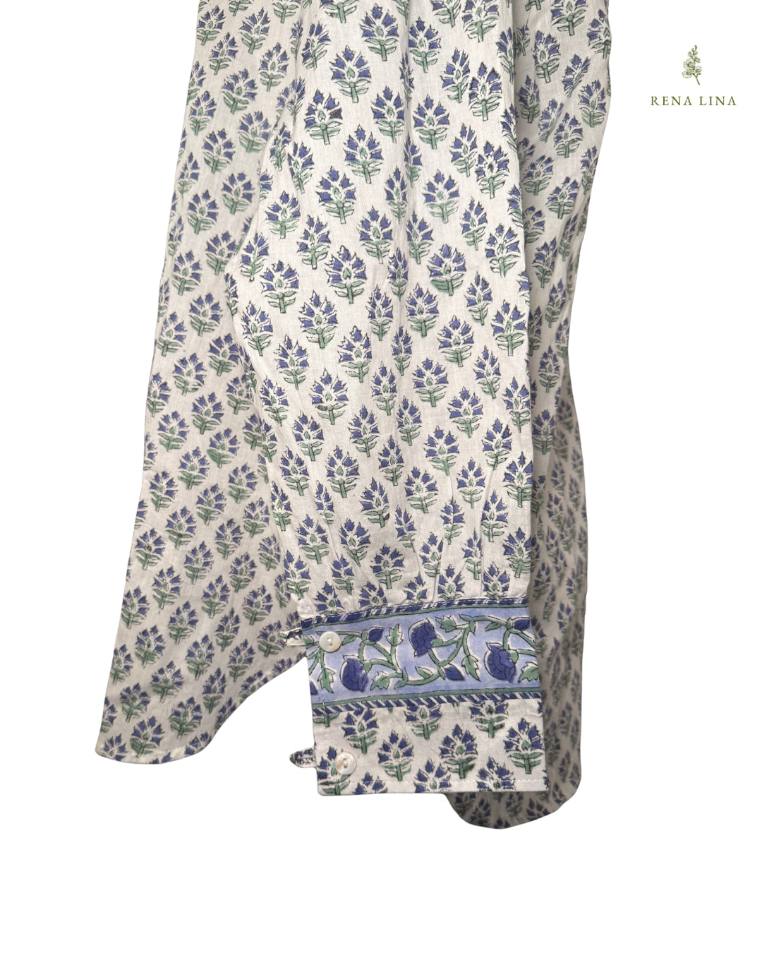 Blue & Green Small Floral Block Print Ruffle Collared  Button Down Blouse - Women's