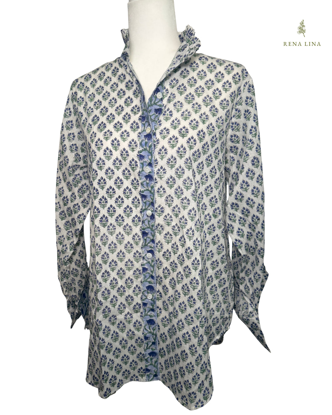 Blue & Green Small Floral Block Print Ruffle Collared  Button Down Blouse - Women's