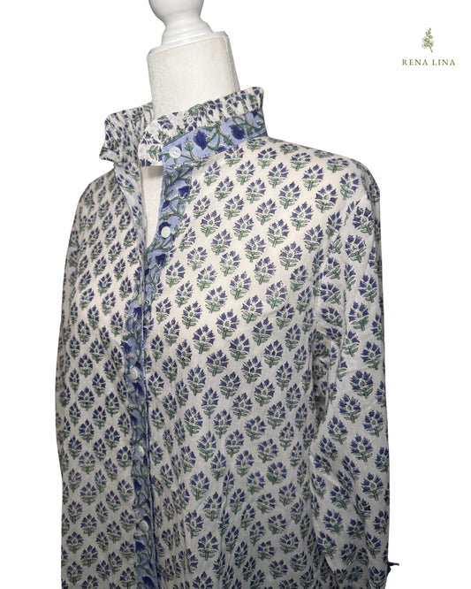 Blue & Green Small Floral Block Print Ruffle Collared  Button Down Blouse - Women's