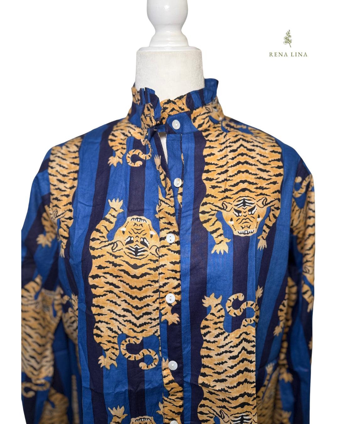 Blue Tiger Printed Ruffle Collared  Button Down Blouse - Women's
