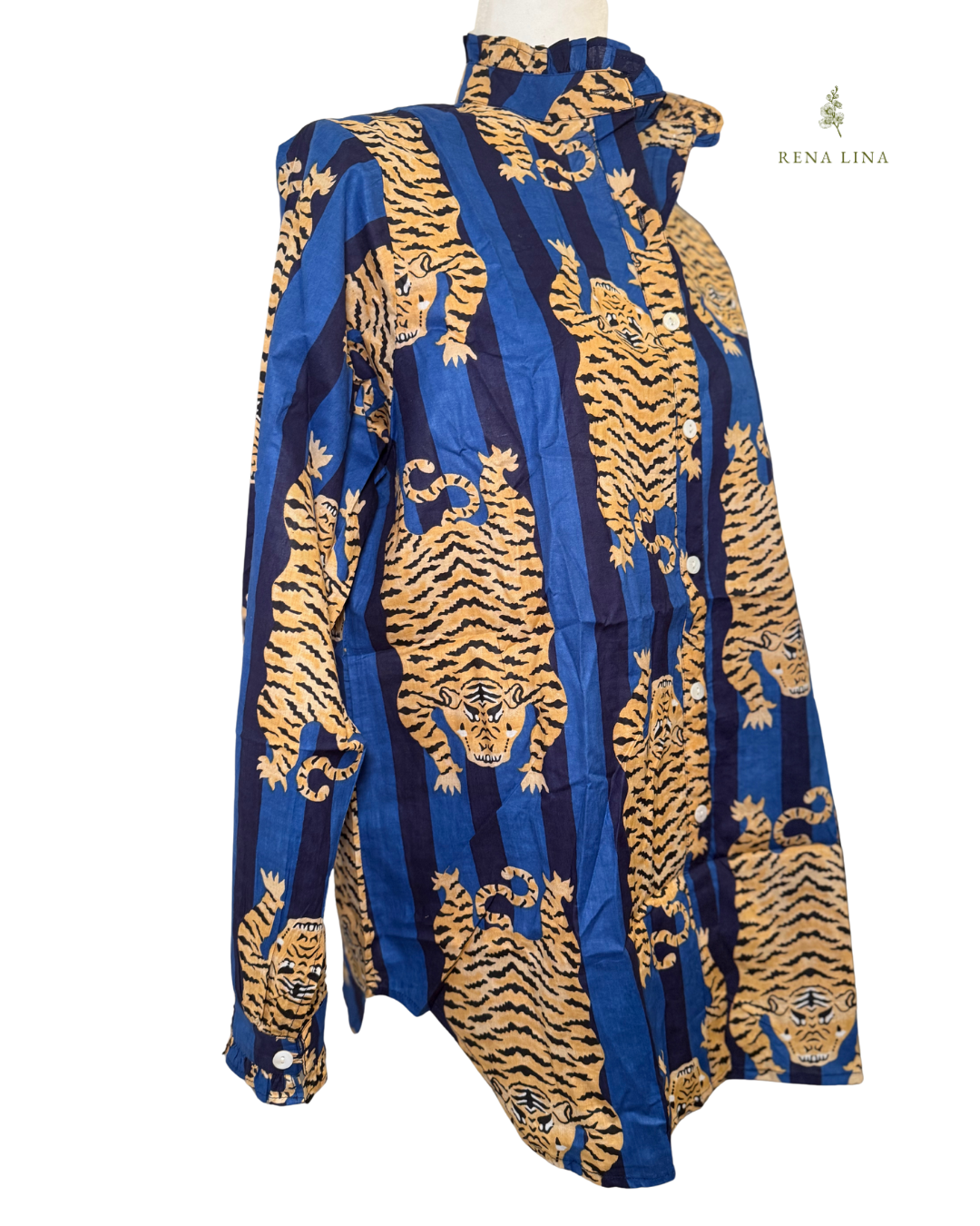Blue Tiger Printed Ruffle Collared  Button Down Blouse - Women's