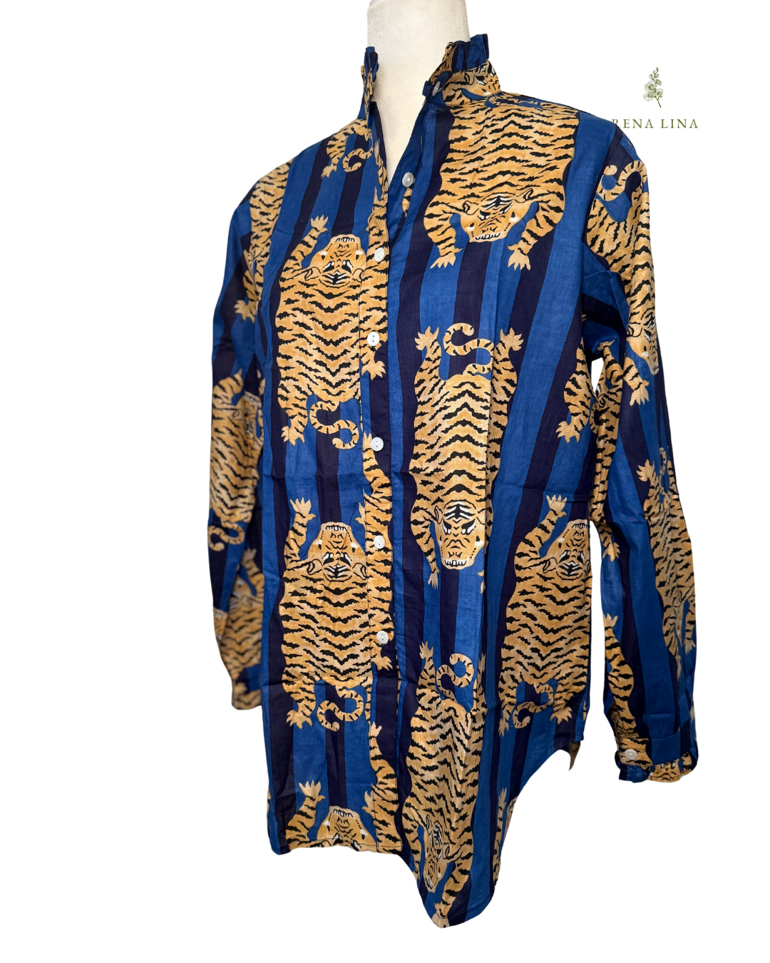 Blue Tiger Printed Ruffle Collared  Button Down Blouse - Women's