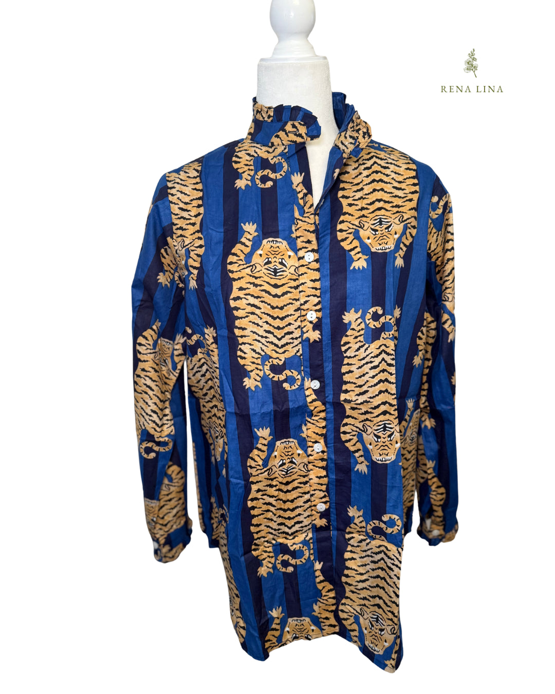 Blue Tiger Printed Ruffle Collared  Button Down Blouse - Women's