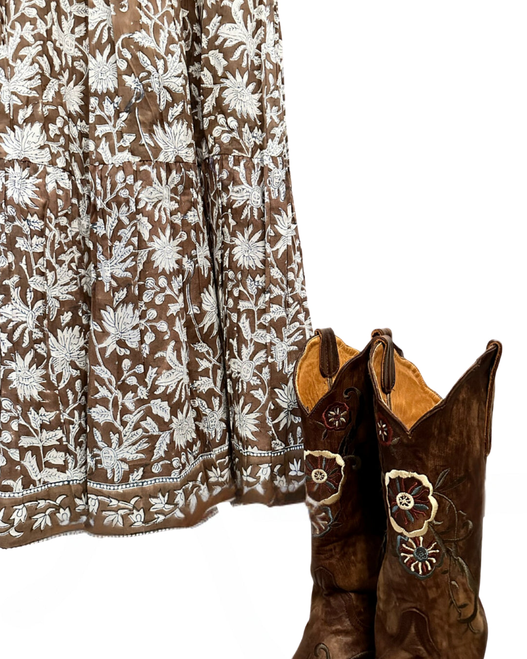 Brown & White Puff Sleeve House Dress, Maxi with Pockets