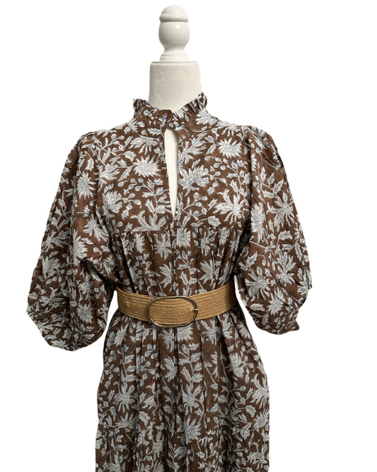 Brown & White Puff Sleeve House Dress, Maxi with Pockets