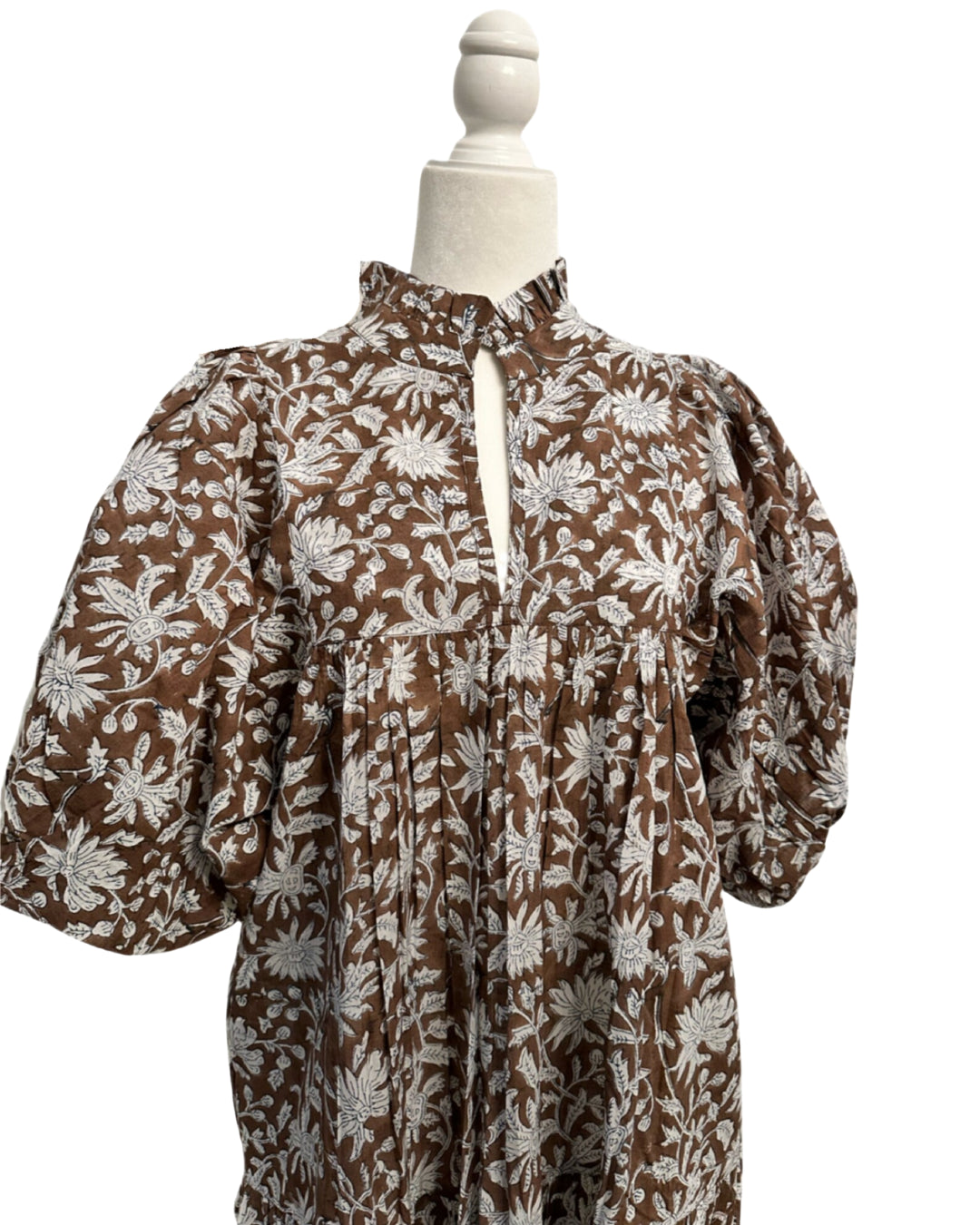 Brown & White Puff Sleeve House Dress, Maxi with Pockets