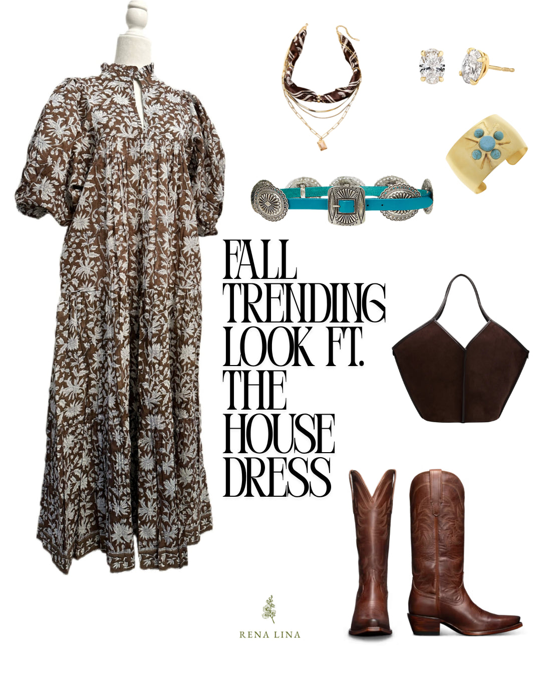 Brown & White Puff Sleeve House Dress, Maxi with Pockets