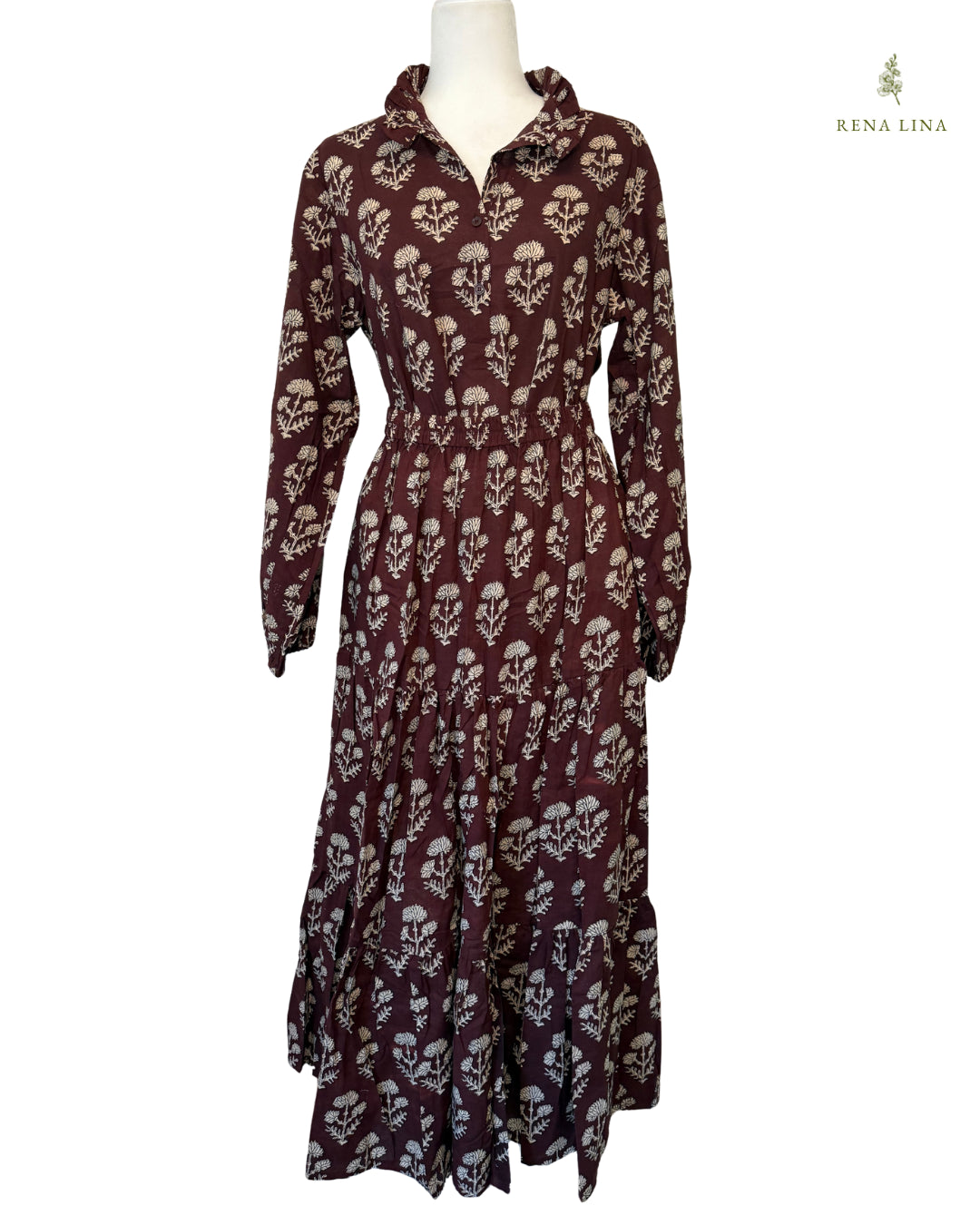 Brown Three Tier Maxi Skirt With Pockets and Adjustable Waist - Block Print Floral