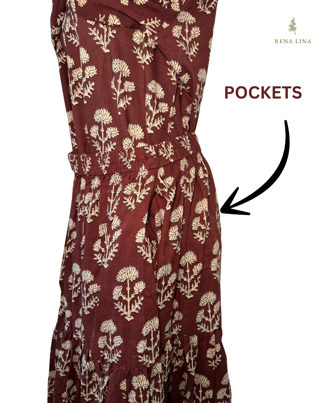 Brown Three Tier Maxi Skirt With Pockets and Adjustable Waist - Block Print Floral