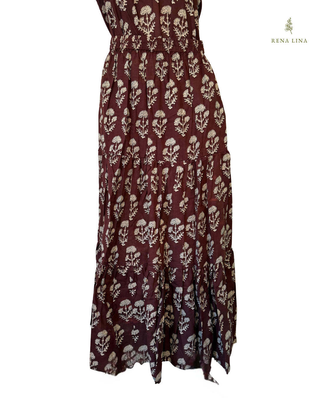 Brown Three Tier Maxi Skirt With Pockets and Adjustable Waist - Block Print Floral