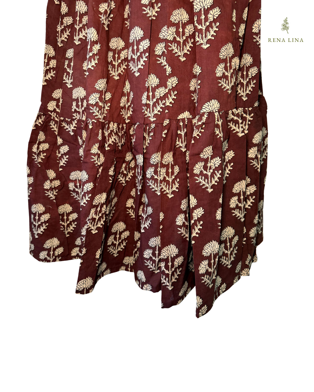 Brown Three Tier Maxi Skirt With Pockets and Adjustable Waist - Block Print Floral