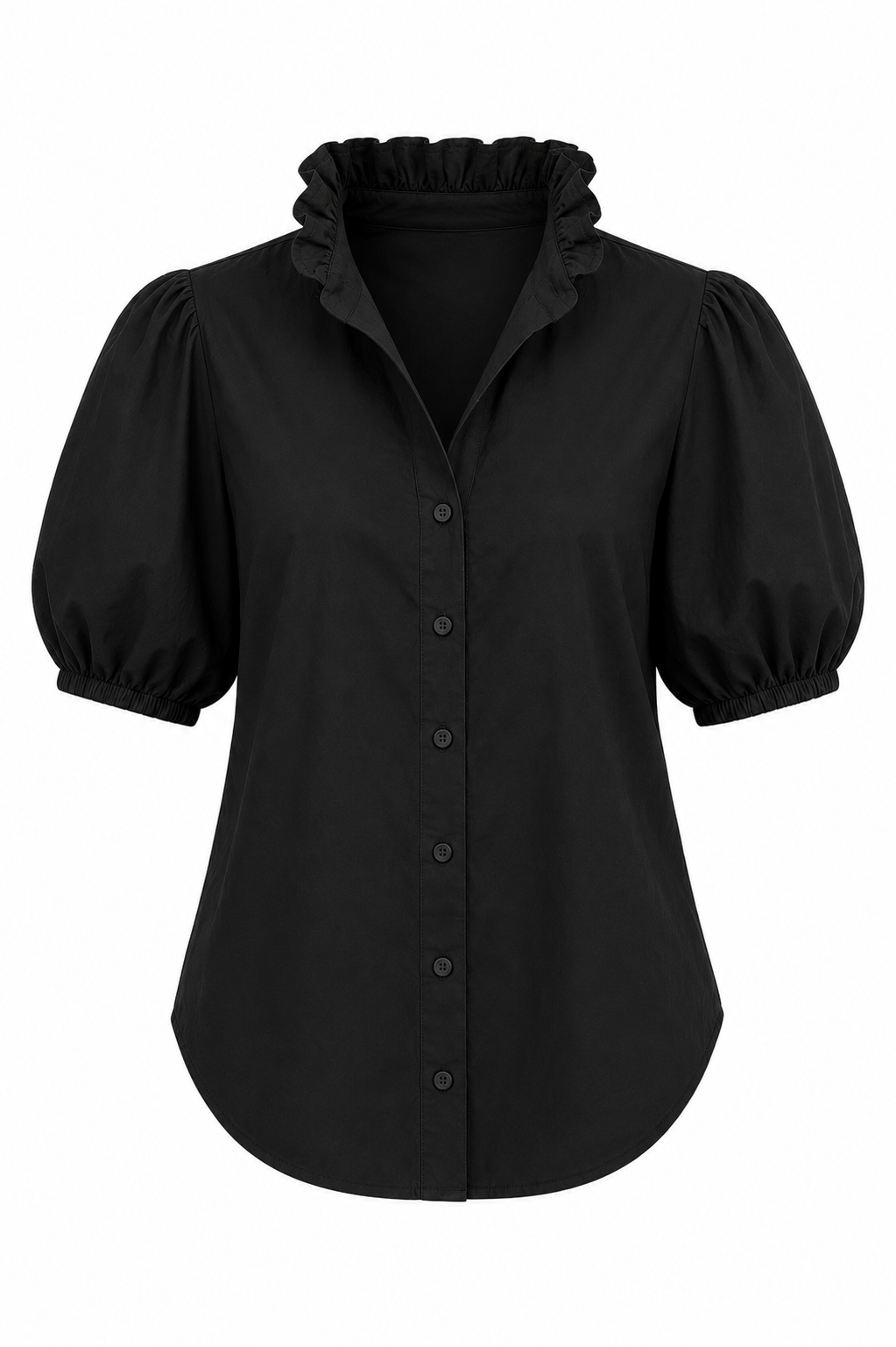 Isla Ruffle Puff Sleeve Blouse - Black Poplin