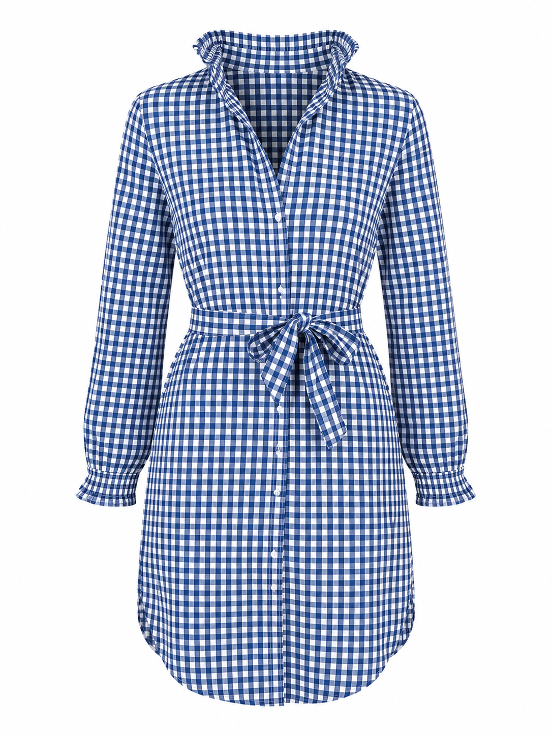 The Classic Every Day Ruffle Shirt Dress w Optional Belt - Blue Gingham