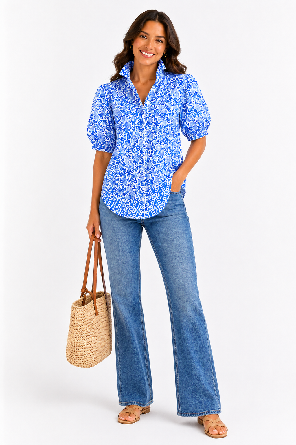 Isla Ruffle Puff Sleeve Blouse - Blue & White