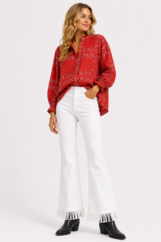 The Round Top Boyfriend Blouse in Red — front