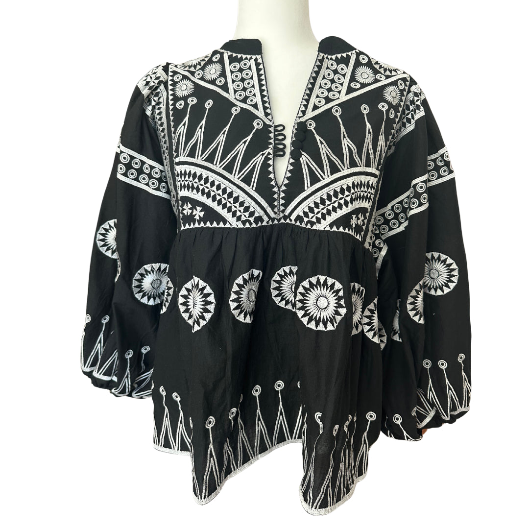Black Embroidered Ballon Sleeve Blouse