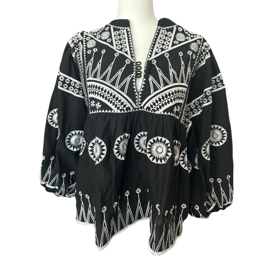 Black Embroidered Ballon Sleeve Blouse