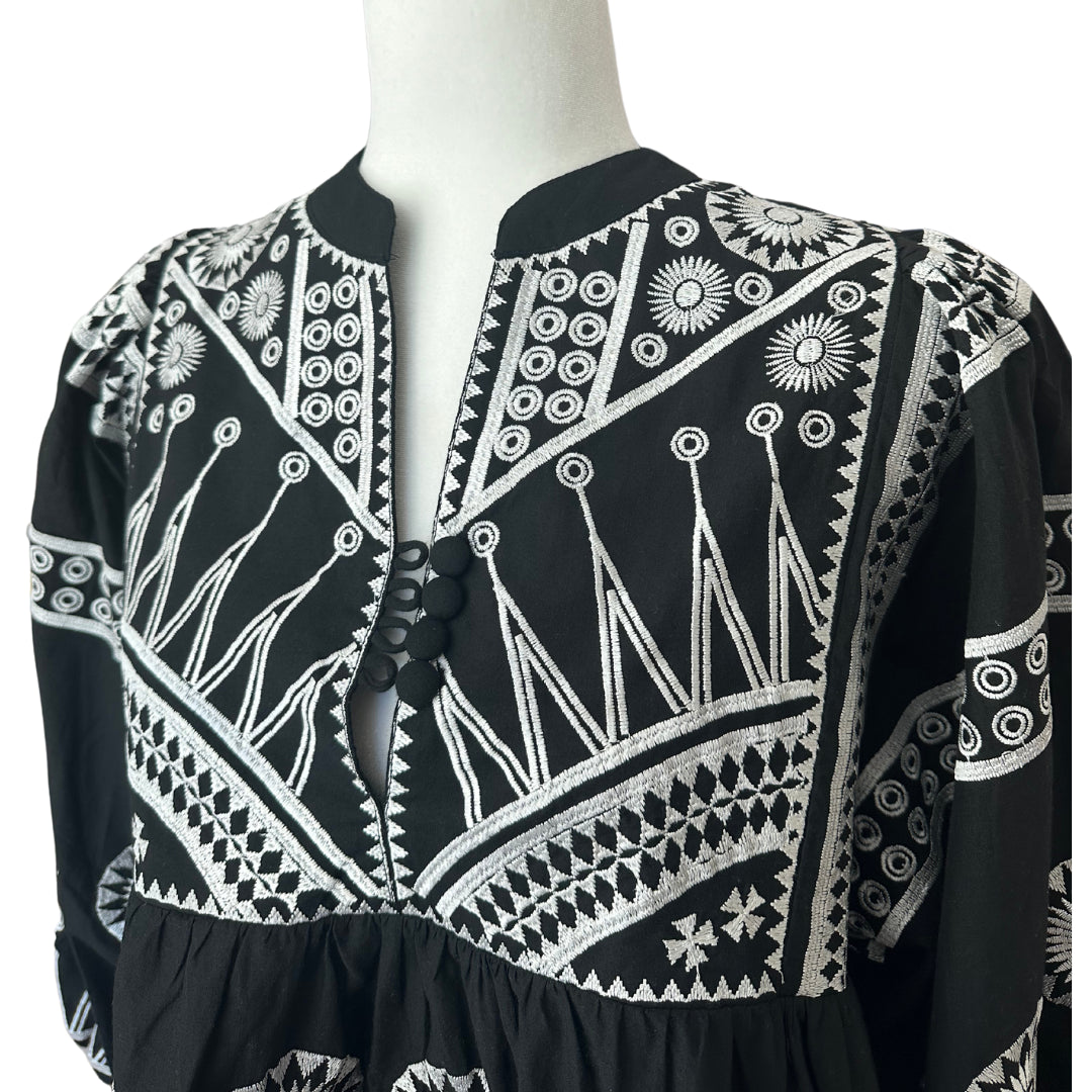 Black Embroidered Ballon Sleeve Blouse