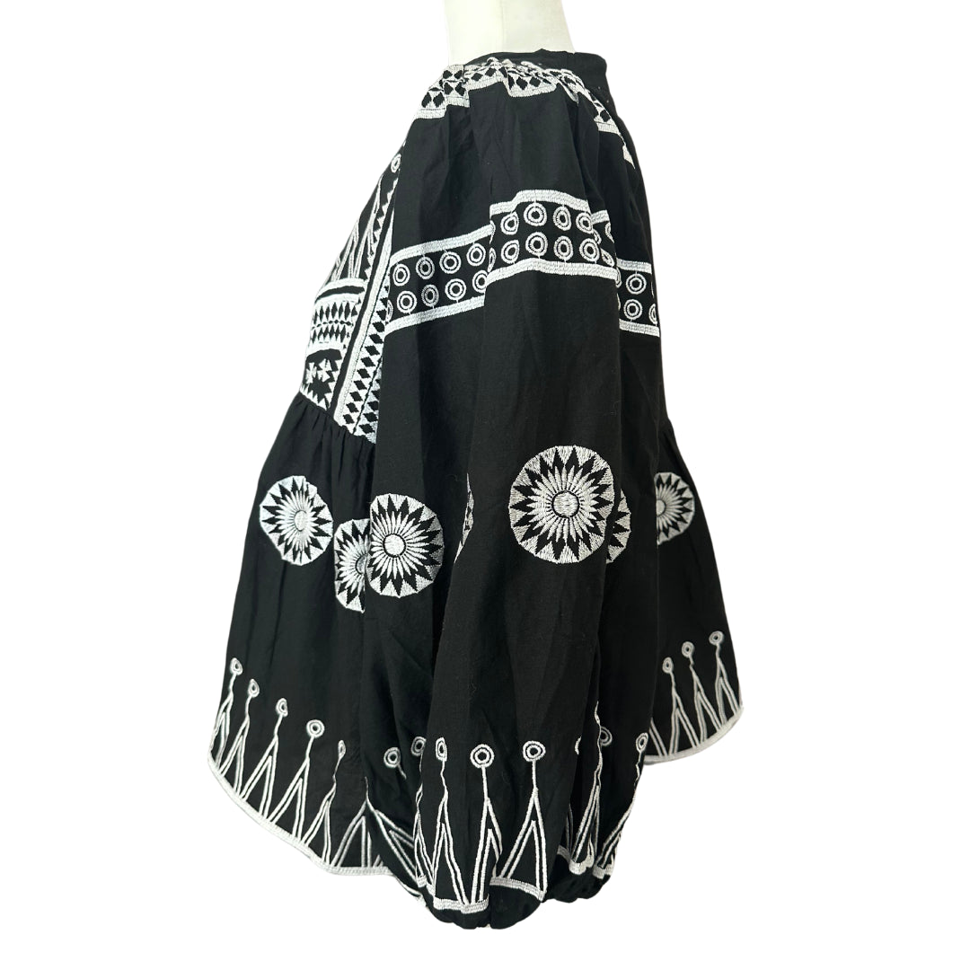 Black Embroidered Ballon Sleeve Blouse