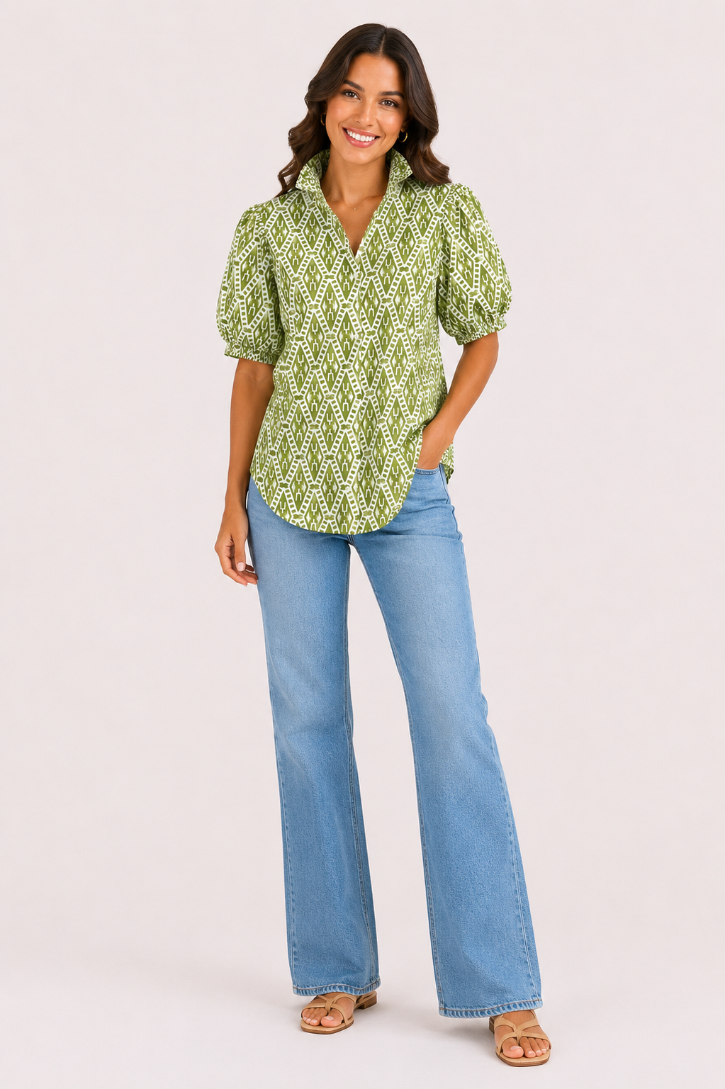 Isla Ruffle Puff Sleeve Blouse - Green