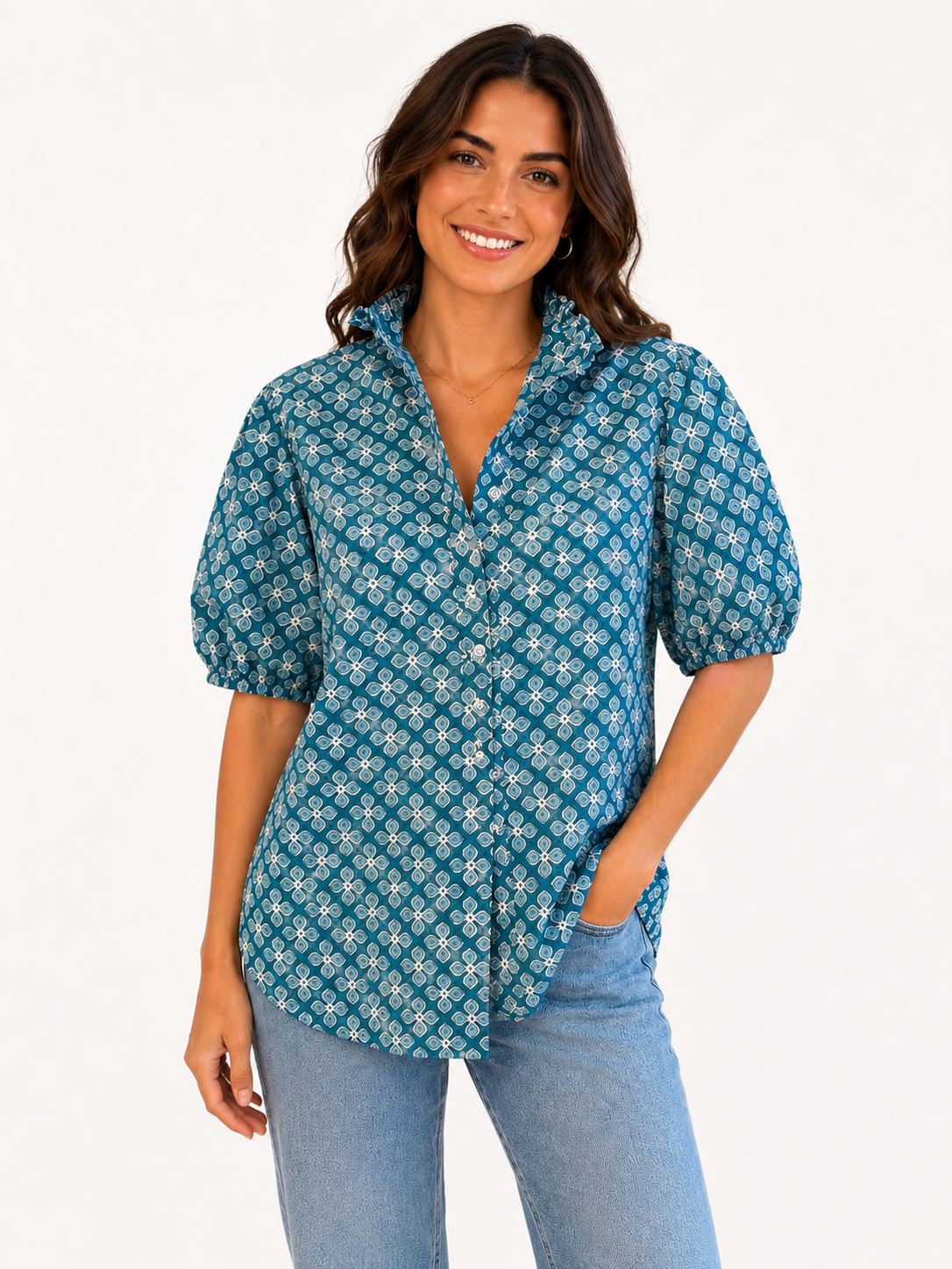 Isla Ruffle Puff Sleeve Blouse - Blue