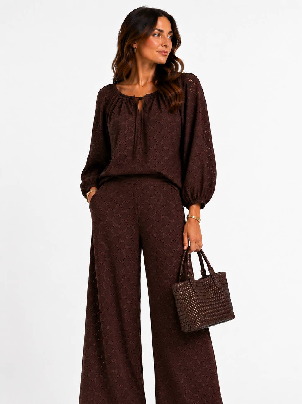 The Charlotte Eyelet Set in chocolate brown, front view