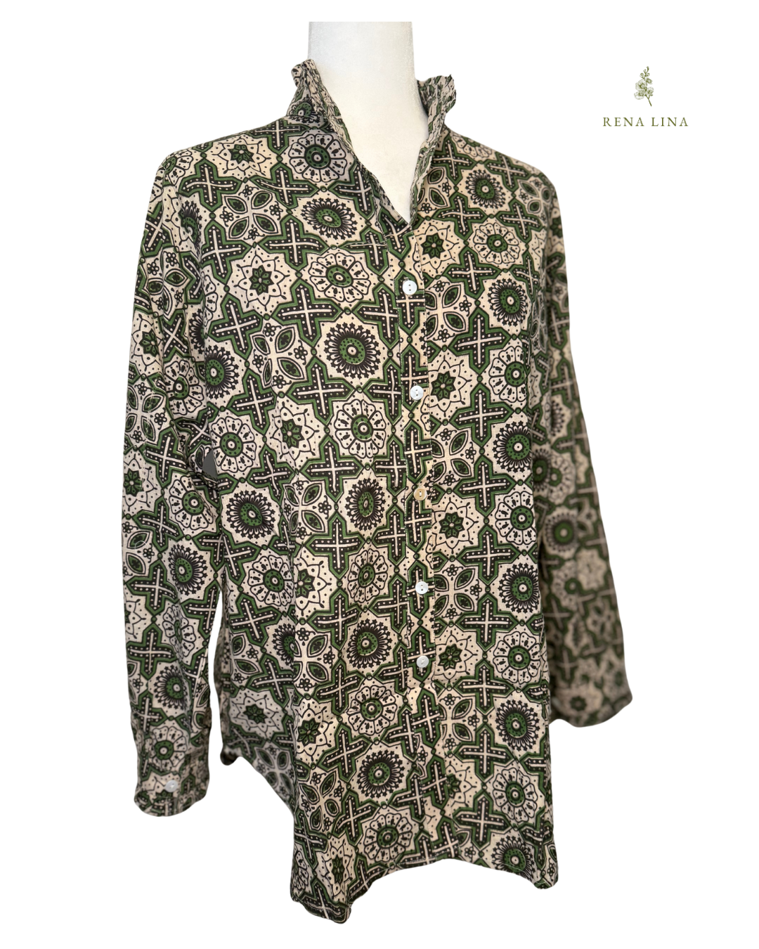 Green Geo Printed Ruffle Collared  Button Down Blouse - Women's
