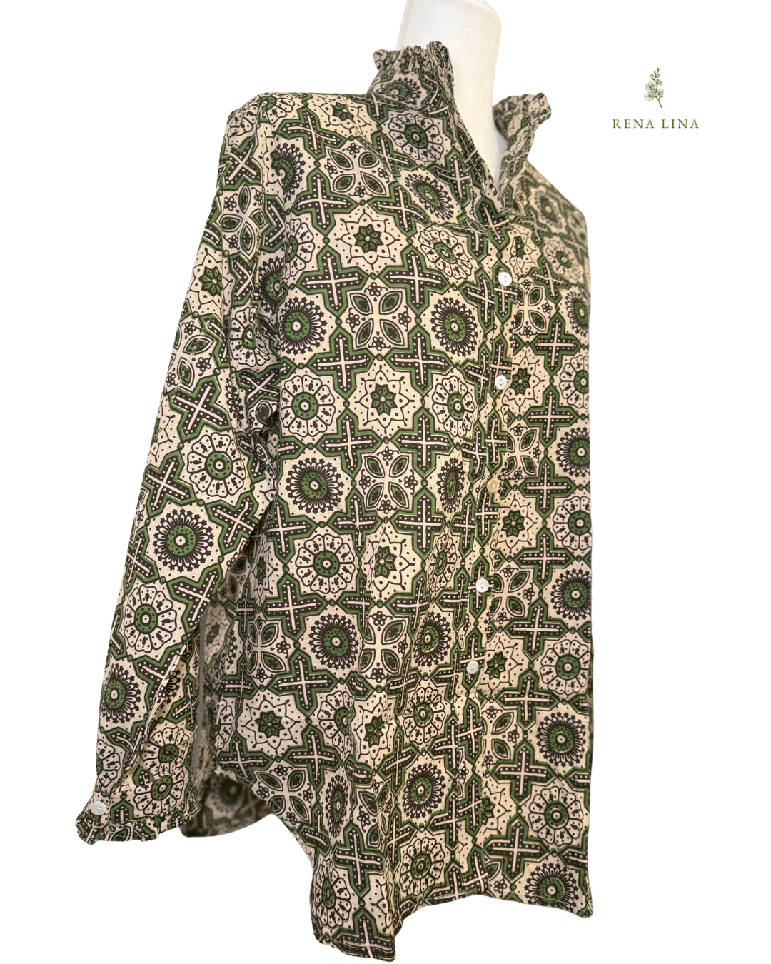 Green Geo Printed Ruffle Collared  Button Down Blouse - Women's