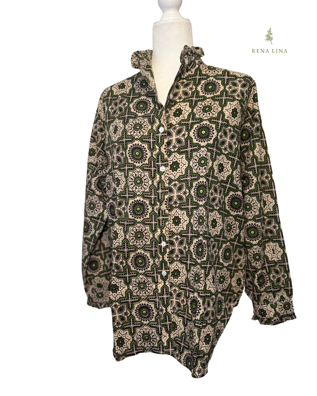 Green Geo Printed Ruffle Collared  Button Down Blouse - Women's