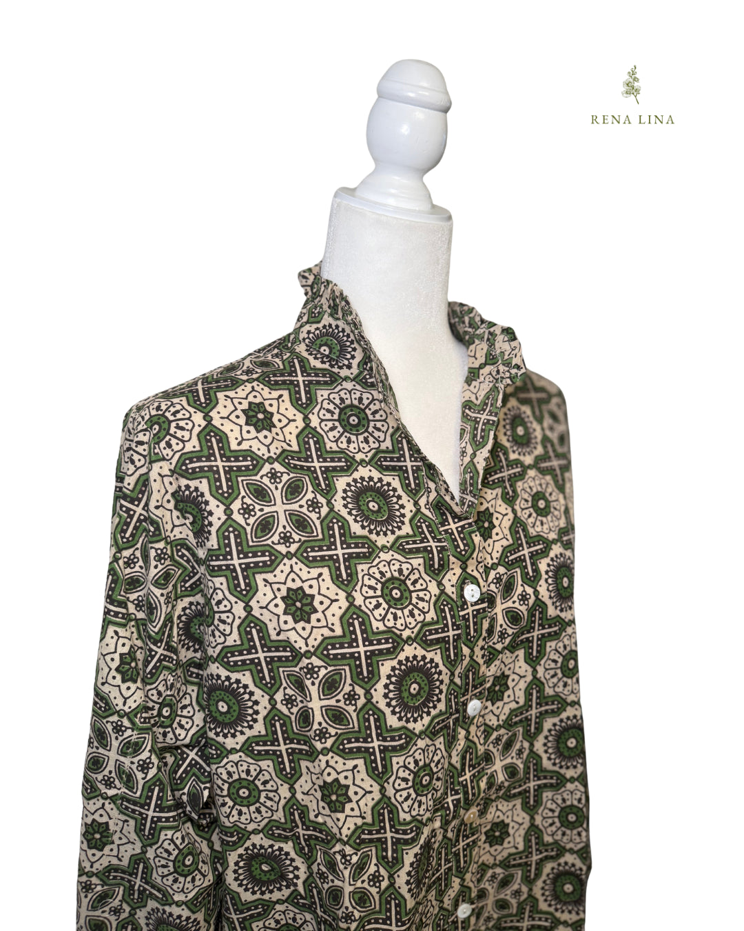 Green Geo Printed Ruffle Collared  Button Down Blouse - Women's