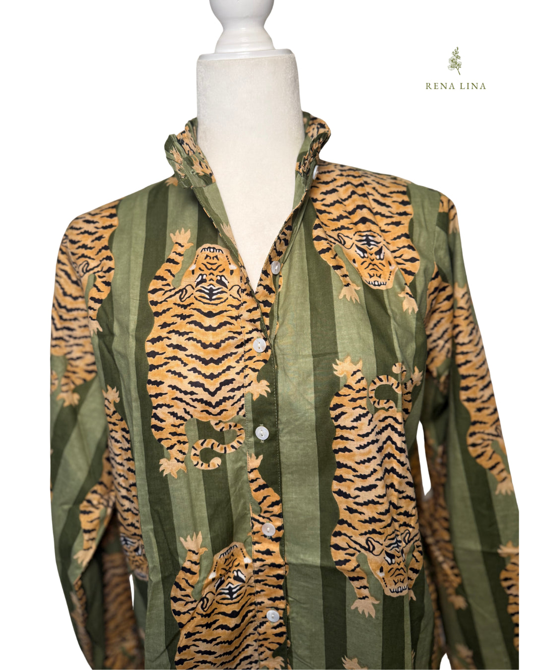 Olive Green Stripe Tiger Printed Ruffle Collared  Button Down Blouse - Women's