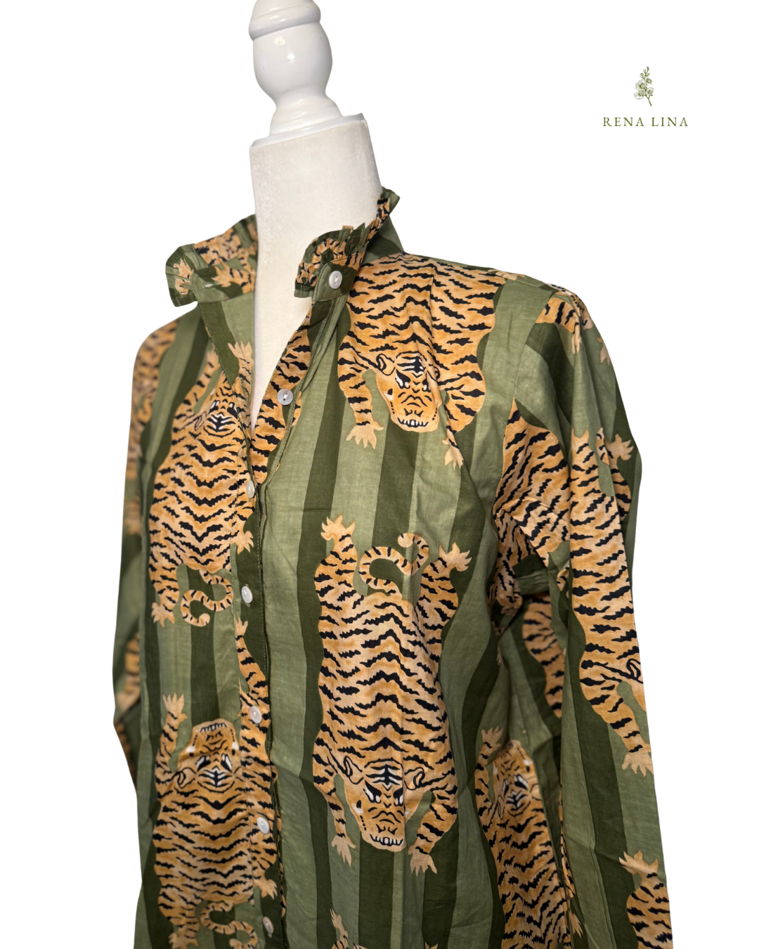 Olive Green Stripe Tiger Printed Ruffle Collared  Button Down Blouse - Women's