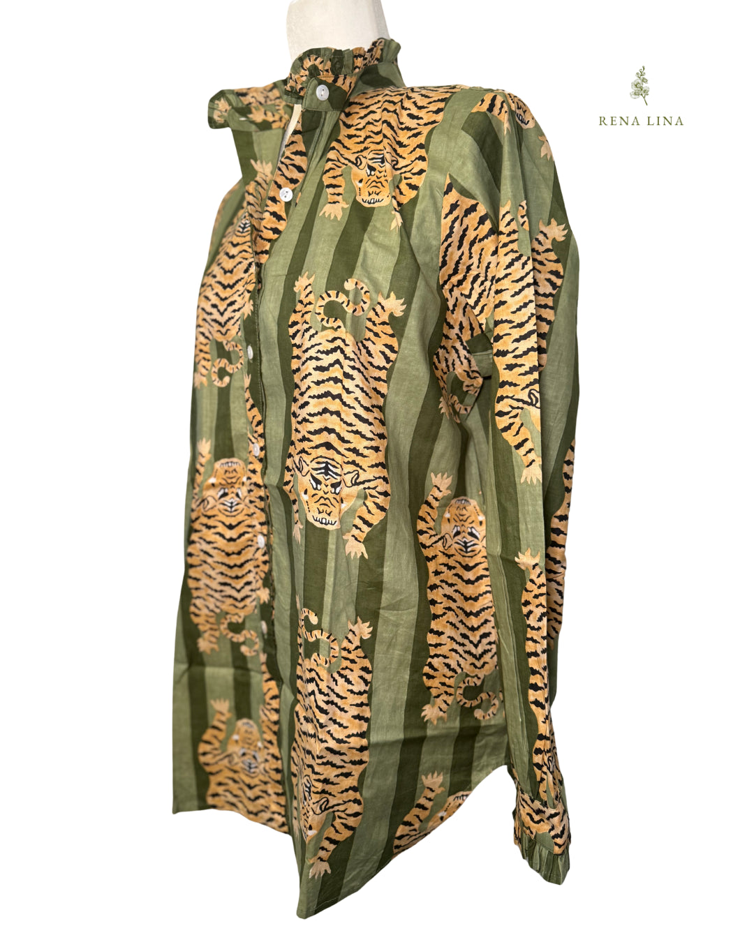 Olive Green Stripe Tiger Printed Ruffle Collared  Button Down Blouse - Women's