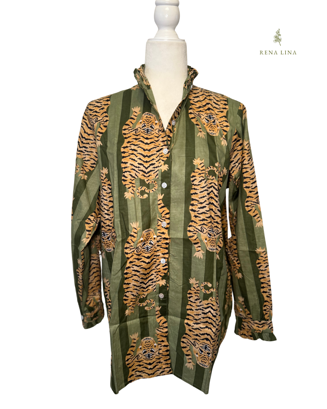 Olive Green Stripe Tiger Printed Ruffle Collared  Button Down Blouse - Women's