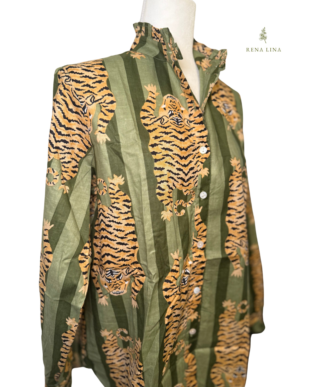Olive Green Stripe Tiger Printed Ruffle Collared  Button Down Blouse - Women's
