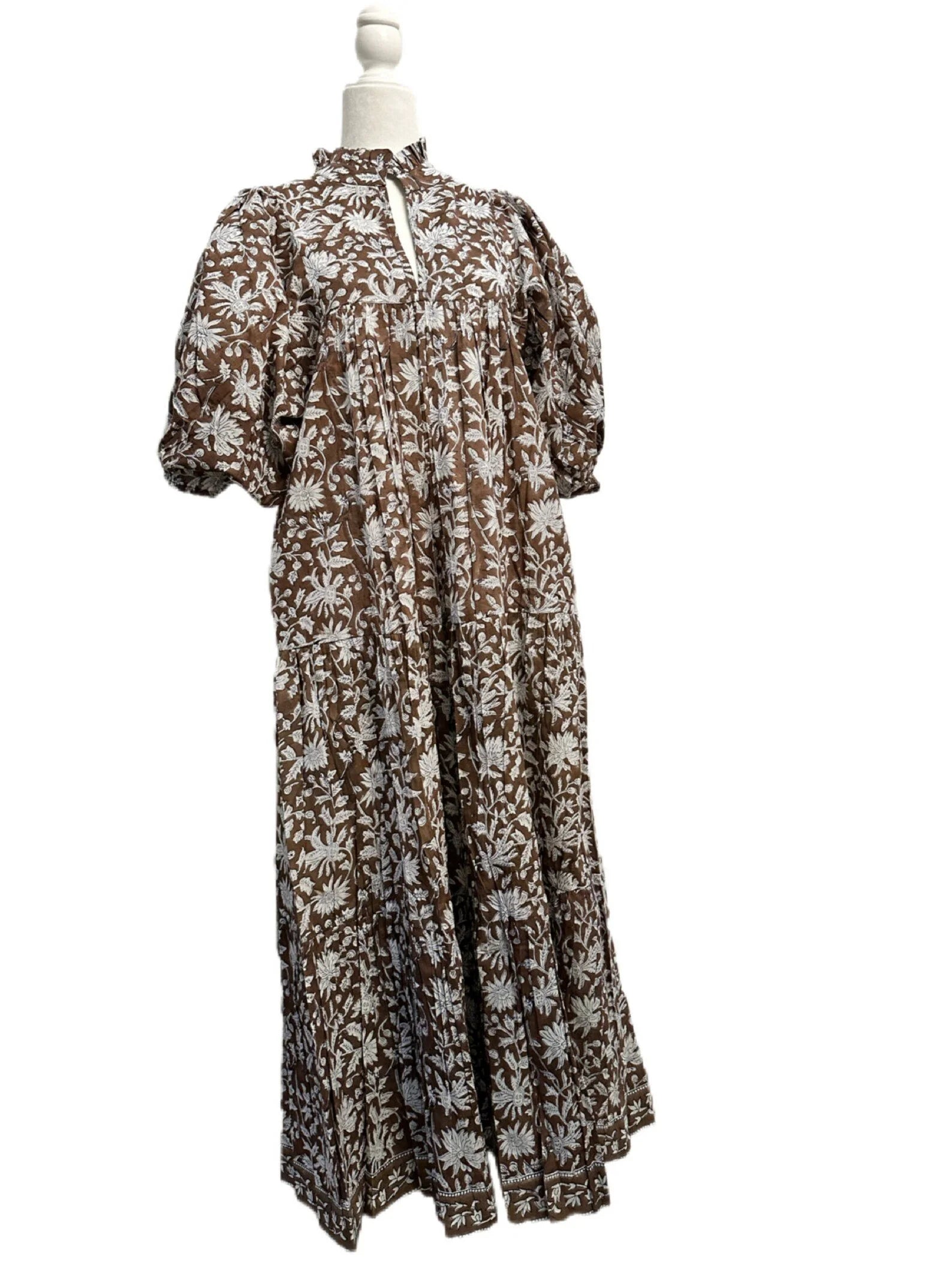 Brown & White Puff Sleeve House Dress, Maxi with Pockets