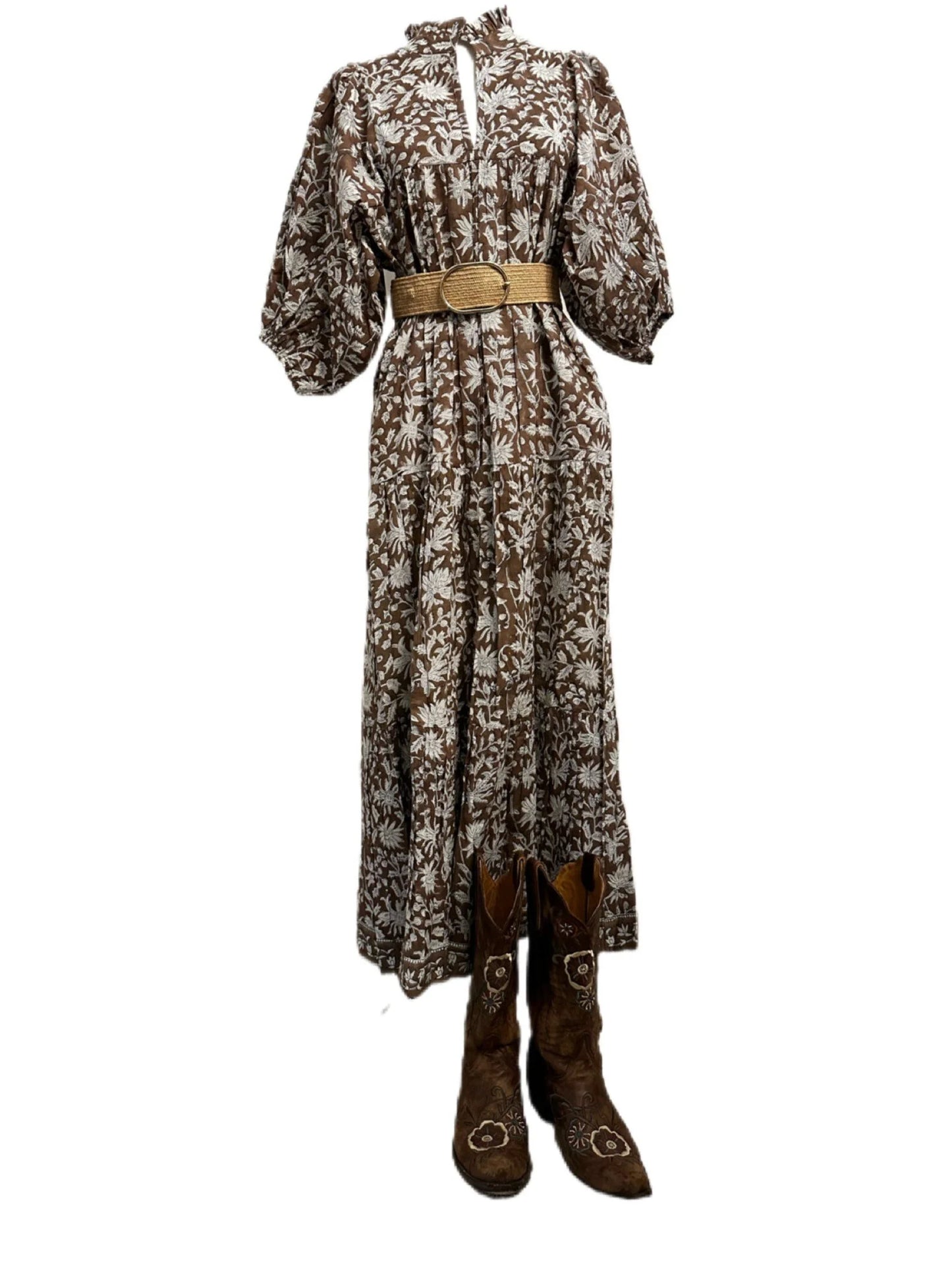 Brown & White Puff Sleeve House Dress, Maxi with Pockets