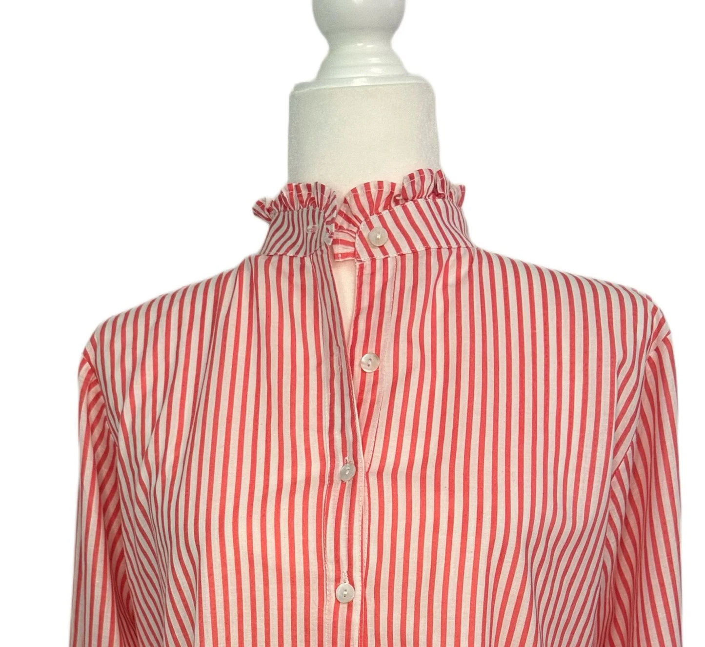Pink & White Striped Women's Block Print Ruffle Collared Button Down Blouse