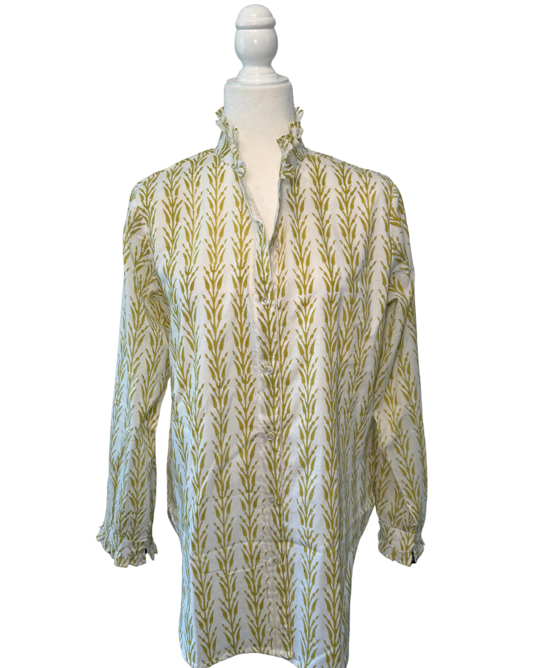 Yellow, Mustard Geometric Block Print Women's Button Up Ruffled Collared Blouse