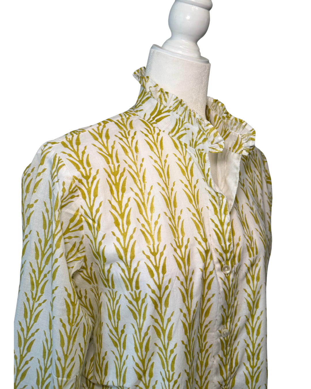 Yellow, Mustard Geometric Block Print Women's Button Up Ruffled Collared Blouse