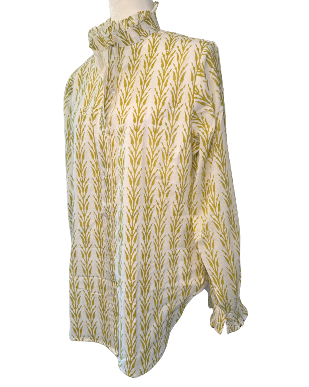 Yellow, Mustard Geometric Block Print Women's Button Up Ruffled Collared Blouse