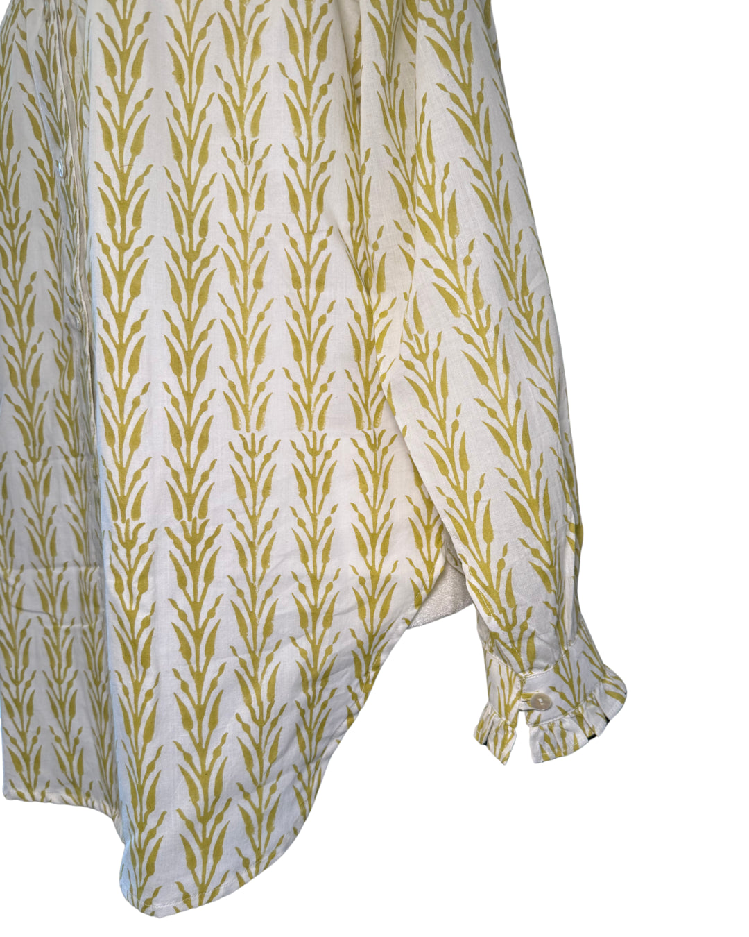 Yellow, Mustard Geometric Block Print Women's Button Up Ruffled Collared Blouse