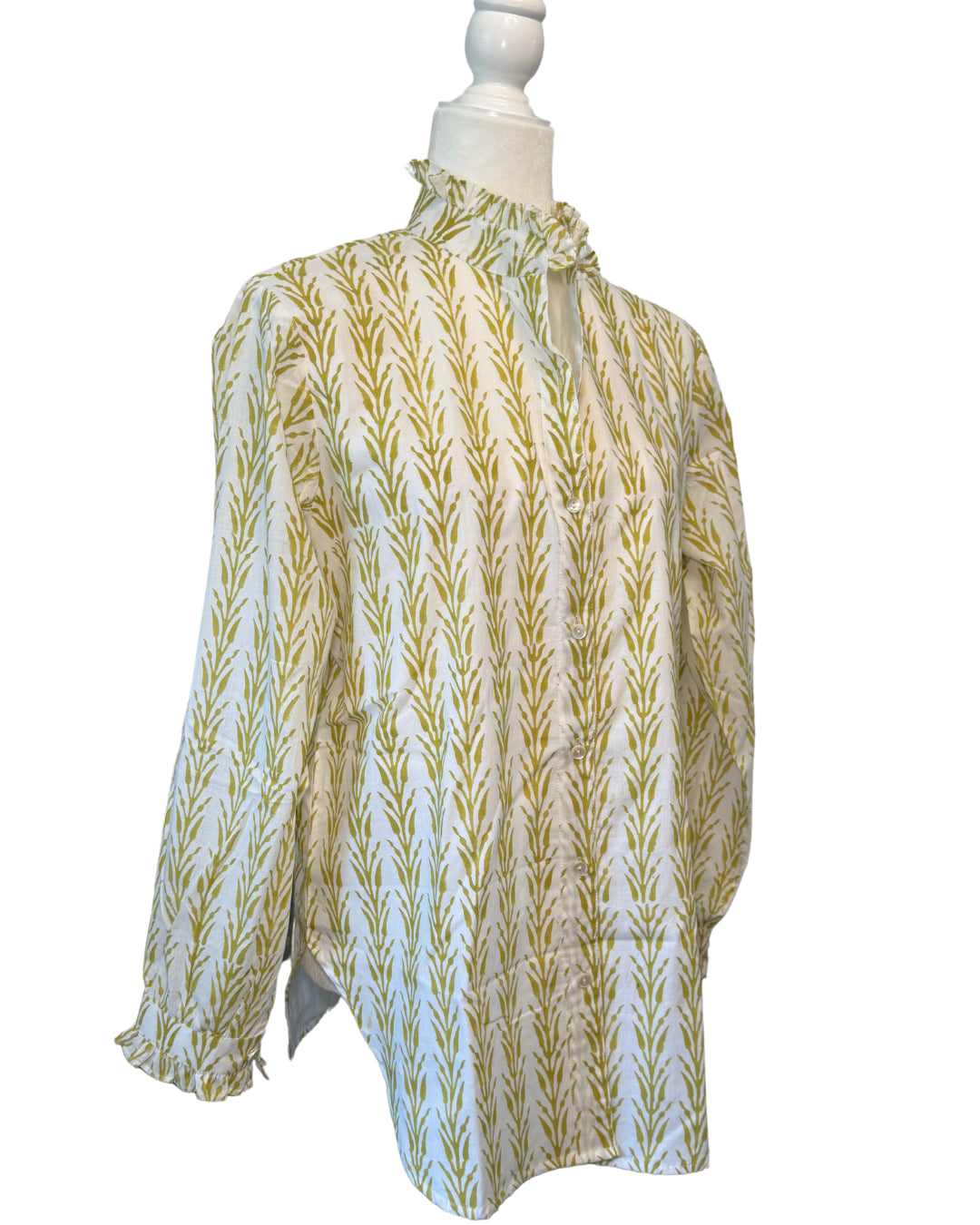Yellow, Mustard Geometric Block Print Women's Button Up Ruffled Collared Blouse