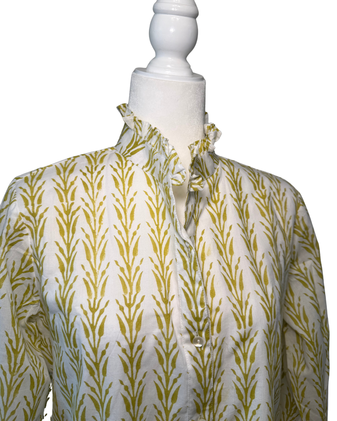 Yellow, Mustard Geometric Block Print Women's Button Up Ruffled Collared Blouse