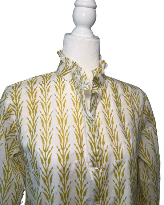 Yellow, Mustard Geometric Block Print Women's Button Up Ruffled Collared Blouse