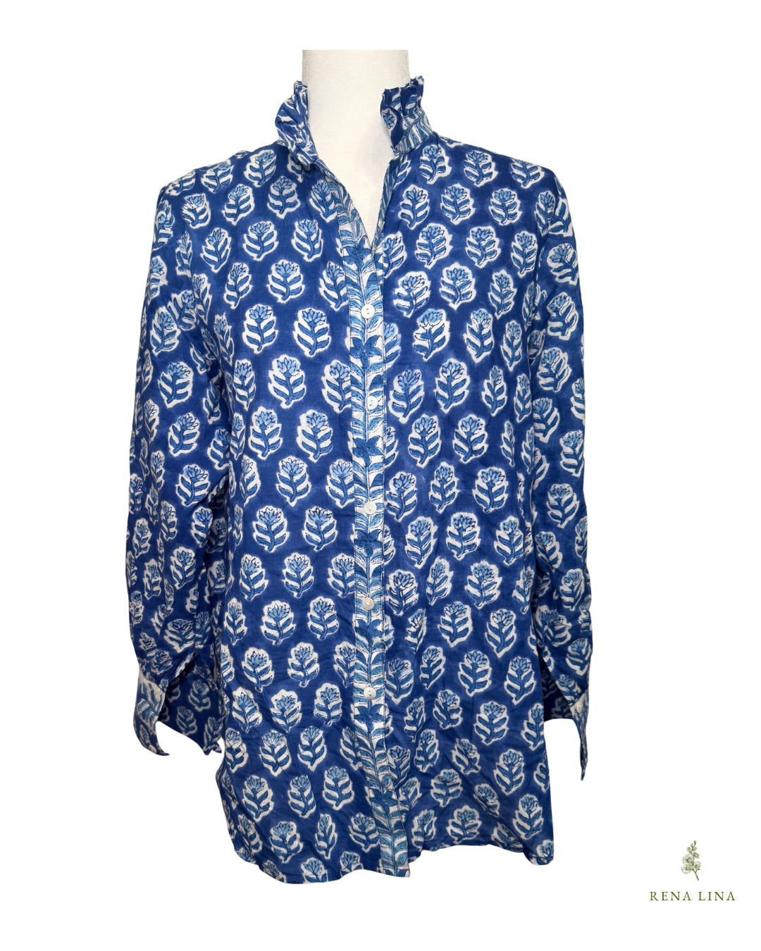Blue & White Small Floral Block Print Ruffle Collared  Button Down Blouse - Women's