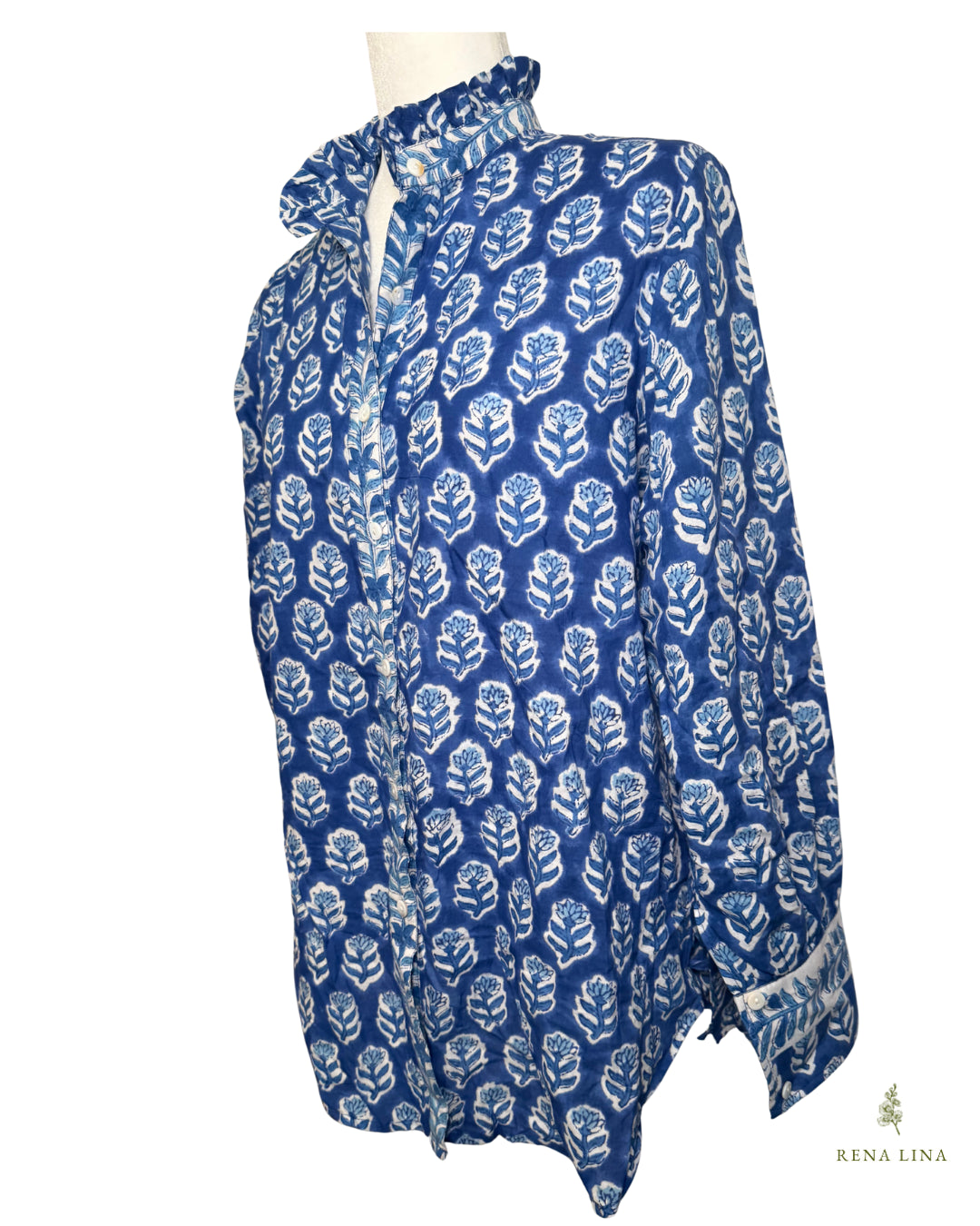 Blue & White Small Floral Block Print Ruffle Collared  Button Down Blouse - Women's